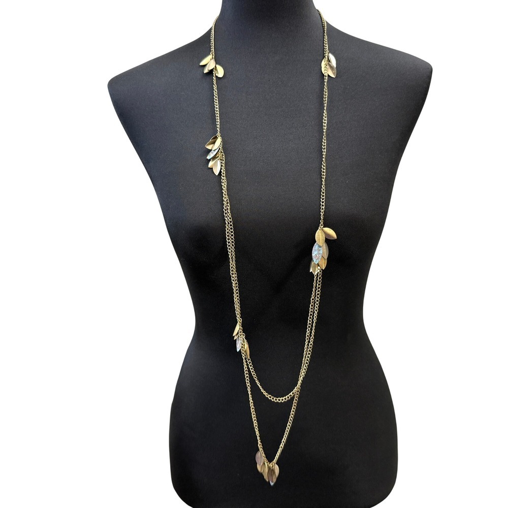 Cold Water Creek Long Layered Necklace with Leaf Rhinestone Accents Jewelry 25in